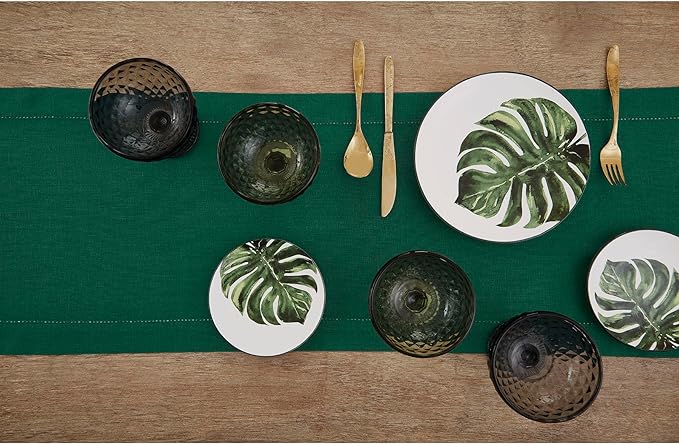 Solino Home Linen Rainforest Green Table Runner 120 Inches Long - 100% Pure Linen Hemstitch 14 x 120 Inch Table Runner for Dining, Fall, Autumn, Thanksgiving, Christmas - Classic Hemstitch