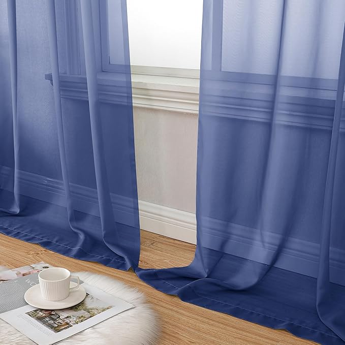 Aiyufeng Royal Blue Sheer Curtains 90 Inches Long 2 Panels Set, Semi Transparent Voile Rod Pocket Blue Sheer Window Drapes for Bedroom Bed Canopy Dining Wedding Party Backdrop, 42W x 90L inch