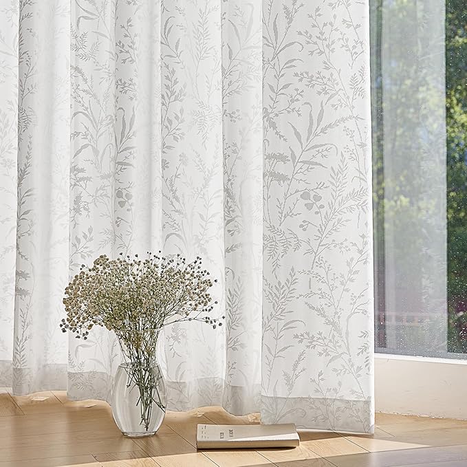 Anmao White Semi Sheer Light Filtering Extra Long Curtains 2 Panels, Leaf Pattern Drapes for Living Room Bedroom, Rod Pocket Privacy Window Treatments with Floral Design, 52x108 Inch