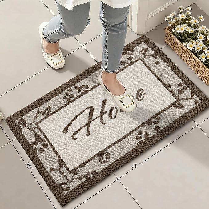 20"x32" Thick Entryway Indoor Mat, Dirt Trapping Door Mat, Americana Feel Hooked Rug, Heavy Duty Door Mat Outside Entrance, Shoe Scraper, Welcome Mat for Front & Back Door, Beige