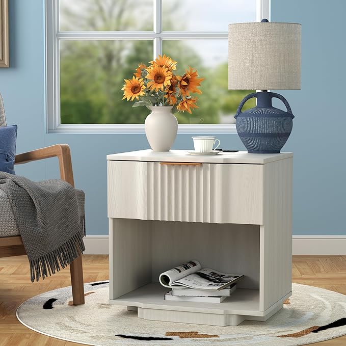 Yechen Fluted Nightstand with 20W Fast Charging Station - Modern Large Night Stand with Storage Drawer & Open Shelf, Wide Wood Bedside End Table for Bedroom with Curved Profile Base, White Oak