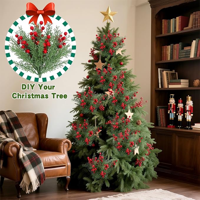 4 Bundles Artificial Christmas Flowers with Red Berry Stems, Fake Norfolk Pine Garland Branches for Winter Decor, Faux Christmas Garland Tree Picks and DIY Crafts
