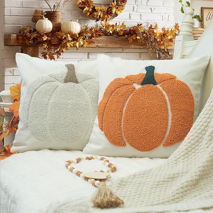 GEEORY Fall Pillow Covers 16x16 inch, Embroidered Pumpkins Throw Pillows Farmhouse Thanksgiving Decor Cushion Case for Sofa & Bed Home Decorations (Orange) GX002-1-16