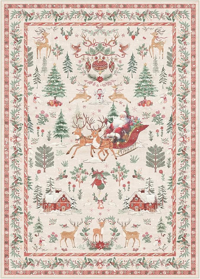Lahome Christmas 5x7 Rugs for Living Room, Christmas Tree Santa Claus Soft Bedroom Rug Indoor, Non Slip Washable Low Pile Floor Carpet for Dining Room Winter Holiday Decor, Beige
