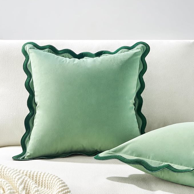 MONDAY MOOSE Decorative Throw Pillow Covers Cushion Cases, Set of 2 Soft Velvet Scalloped Wavy Edge Designs, Mix and Match for Home Decor, Pillow Inserts Not Included (Green/Light Green, 22x22 inch)