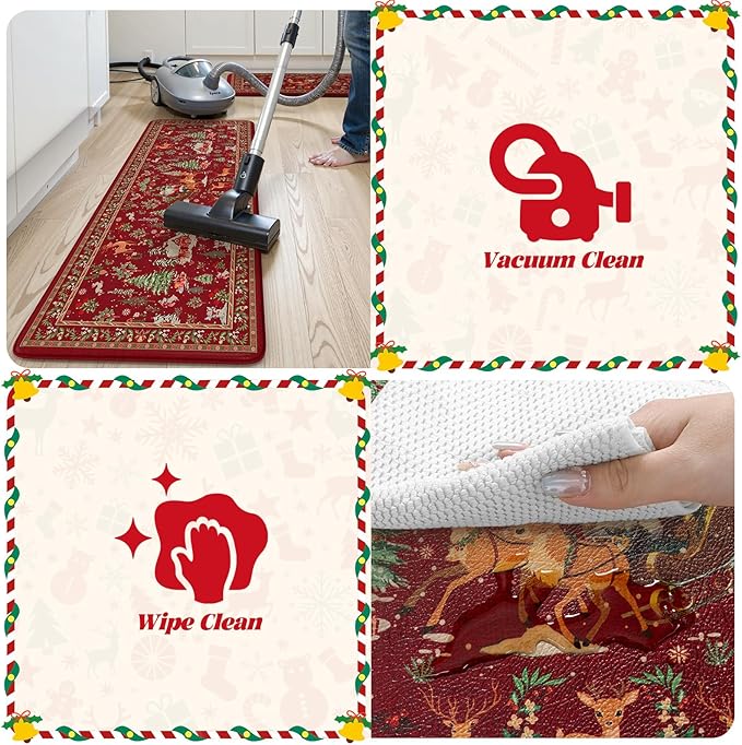Collive Christmas Snowman Kitchen Floor Mats, Red Winter Xmas Tree Cushioned Anti Fatigue Kitchen Rugs 2 Piece Waterproof Elk Sled Sink Mat, Non Slip Foam Comfort Standing Desk Rug for Home Decor