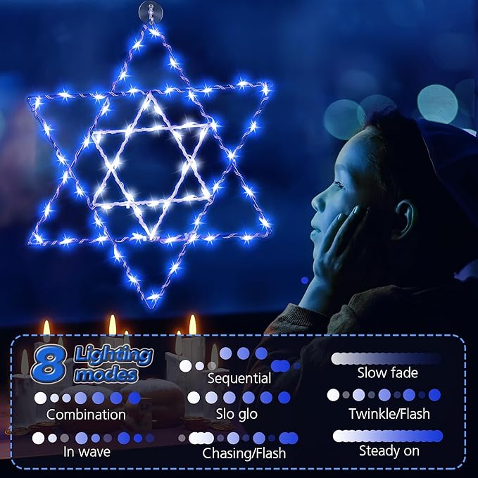 Hiboom Hanukkah Window Lights Decorations, 8 Lighting Modes Star of David Hanukkah Decor 66 LED Blue Chanukah Lights with USB Powered for Jewish Christmas Party Decor Indoor Outdoor Home