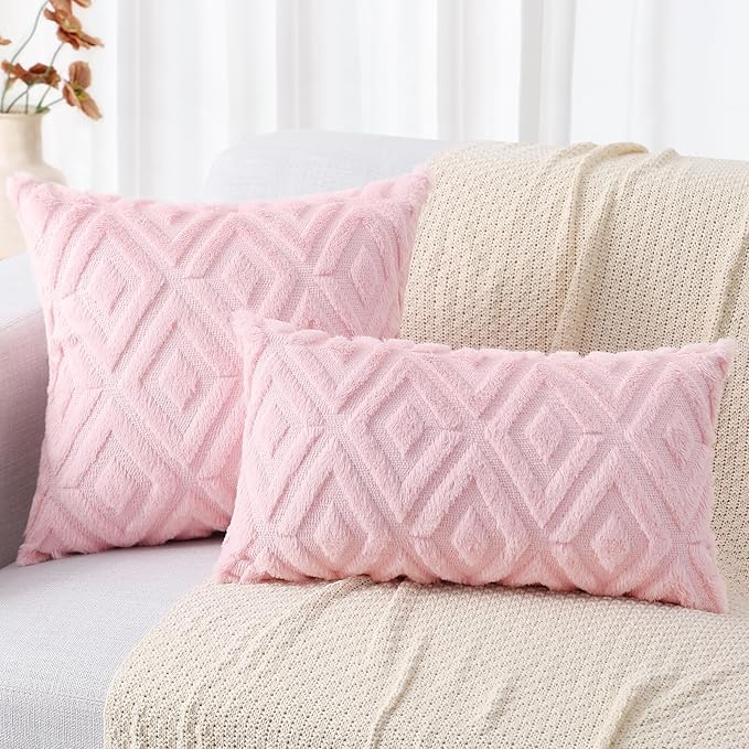 decorUhome Couch Throw Pillow Covers 12x20 Set of 2, Decorative Soft Plush Faux Wool Lumbar Neutral Accent Pillow Covers for Bed Sofa Living Room, Light Pink