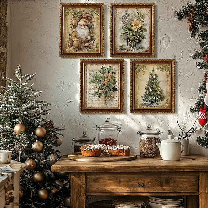 JXREQ Vintage Christmas Pictures Wall Decor Prints,Purple Christmas Wall Art Decorations for Home Kitchen Bedroom Bathroom Living Room Office,Santa Claus Xmas Tree Decor Prints Set of 4,8x10 Unframed
