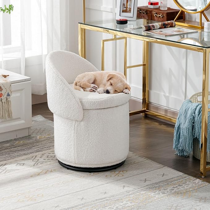LukeAlon Sherpa Makeup Ottoman with Storage, Upholstered 360° Swivel Vanity Stool with Foldable Backrest Modern Cylindrical Footrest Stool for Living Room Bedroom, White