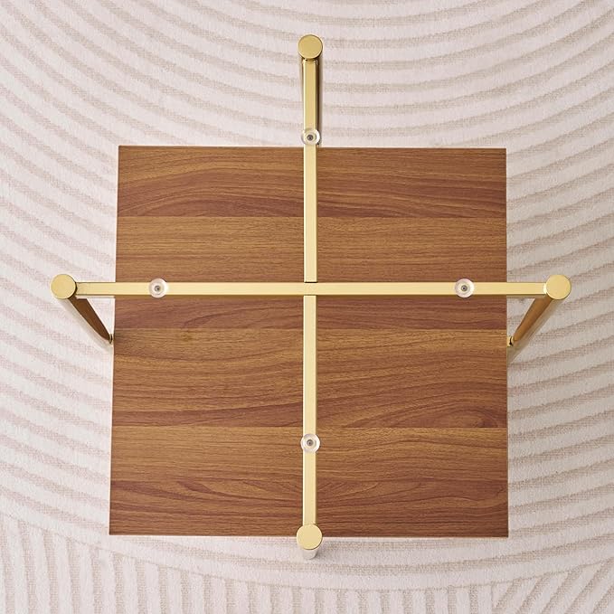 Glass End Table, Mid-Century Modern Design Sofa Table, L41 x W21 x H17, for Living Room, 2-Tier Structure, Clear Glass Top and Walnut MDF Shelf, Sleek Conical Metal Legs with Gold Finish Frame