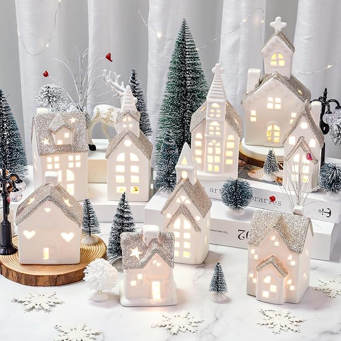 Set of 28 Ceramic Christmas Village Sets 9 Pieces White House with 17 Pieces Snow Tree 2 Lamp Vintage Christmas Decoration for Mantle Table Top Decor (Classic)