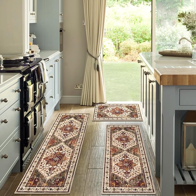 Yamaziot Boho Washable Kitchen Rugs Sets of 3, Non Slip Kitchen Mats for Floor with Rubber Backing, Waterproof & Stain Resistant Thick Carpet Runner Throw Rug for Kitchen, Laundry Room, Hallway