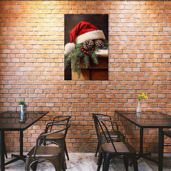 Vintage christmas wall art santa hat painting pine cone winter cottagecore canvas poster for christmas home decor bedroom living room Framed8x12inch