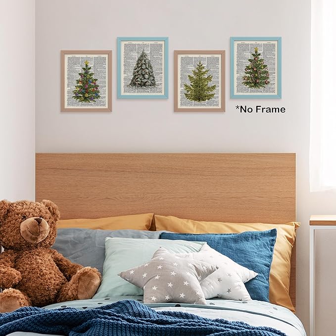 TLESKE Vintage Winter Christmas Pine Trees Posters Prints Unframed Set of 4 for Home Bedroom Living Room, Retro Christmas Pine Trees Wall Art Prints Decor, Aesthetic Winter Wall Pictures, 8x10