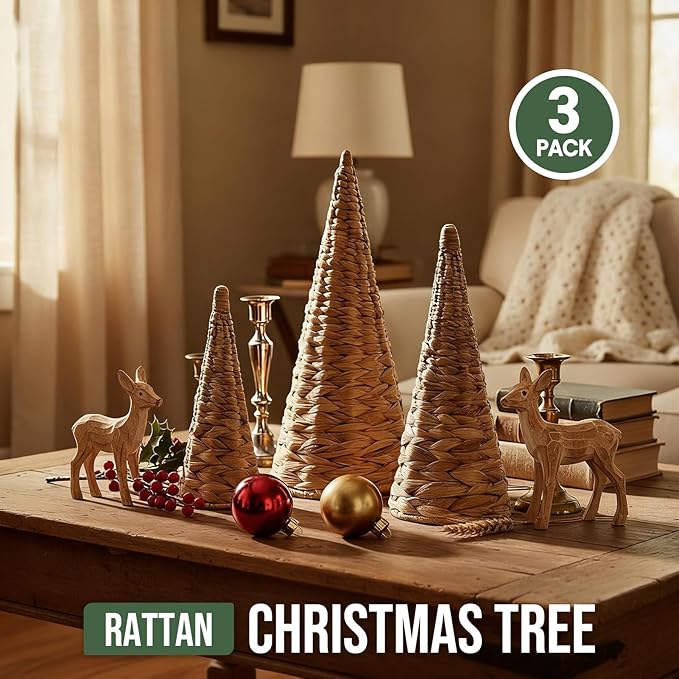 3pcs Woven Water Hyacinth Christmas Trees Decor, Artificial Christmas Tree Decorations for Home Party Table Village Craft Indoor Outdoor Vintage Christmas Decor(Natural)