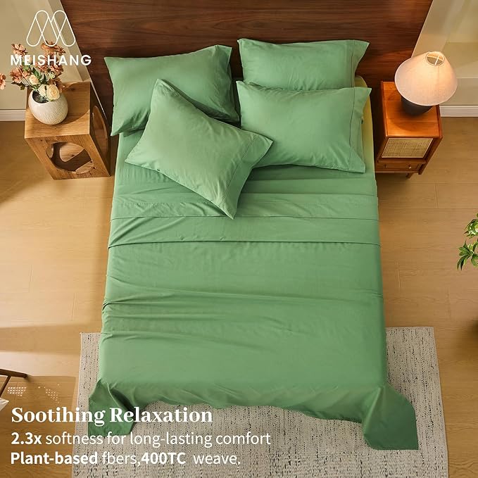 MEISHANG 100% French Pure Linen Sheets Queen Size - Extra Deep Pocket Sheet Set, Soft Durable Flax Linen, Anti-Tear Breathable & Oeko-Tex Certified 18-24 Deep Pocket,All Season(Sage Green)