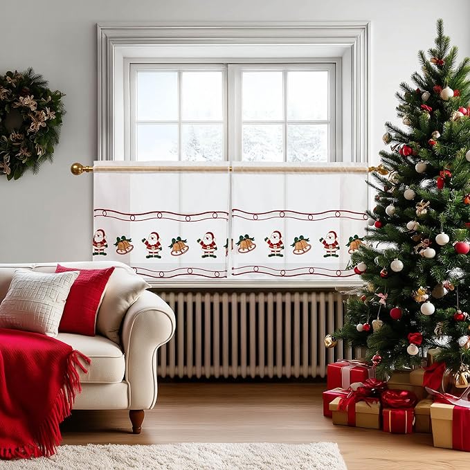 Deconovo Christmas Kitchen Tier Curtains, Embroidered Cafe Tiers, Semi Sheer Window Treatment with Rod Pocket, Light Filtering for Small Windows, Door & Sink Areas, 28W x 24L, Santa Claus, 2 Panels
