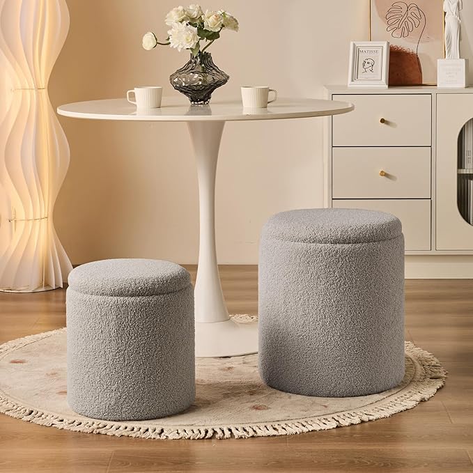 Round Ottoman with Storage Set of 2-Upholstered Sherpa Vanity Stool for Makeup Multifunctional Ottomans Coffee Table Padded Seat Foot Rest for Living Room&Bedroom(Sherpa Gray)