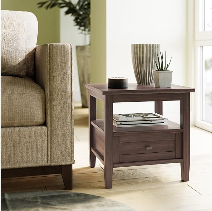 SIMPLIHOME Warm Shaker SOLID WOOD 20 inch Wide Rectangle Transitional End Table in Warm Walnut Brown for the Living Room and Bedroom