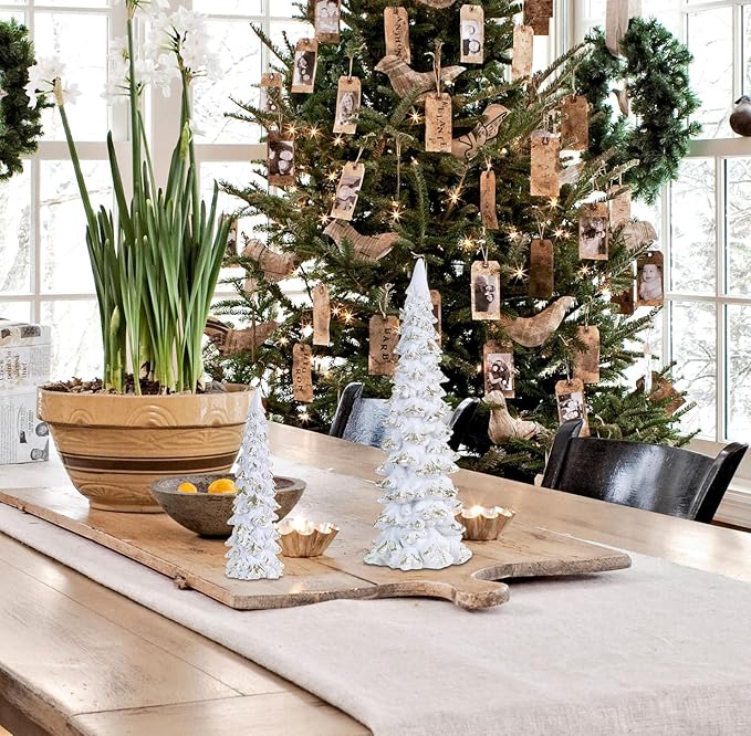 MEETYAMOR Christmas Decorations Indoor, 2 Pcs White Resin Christmas Tree Figurine for Table Decor, Farmhouse Rustic Xmas Decorations for Home, Table, Mantle, Living Room