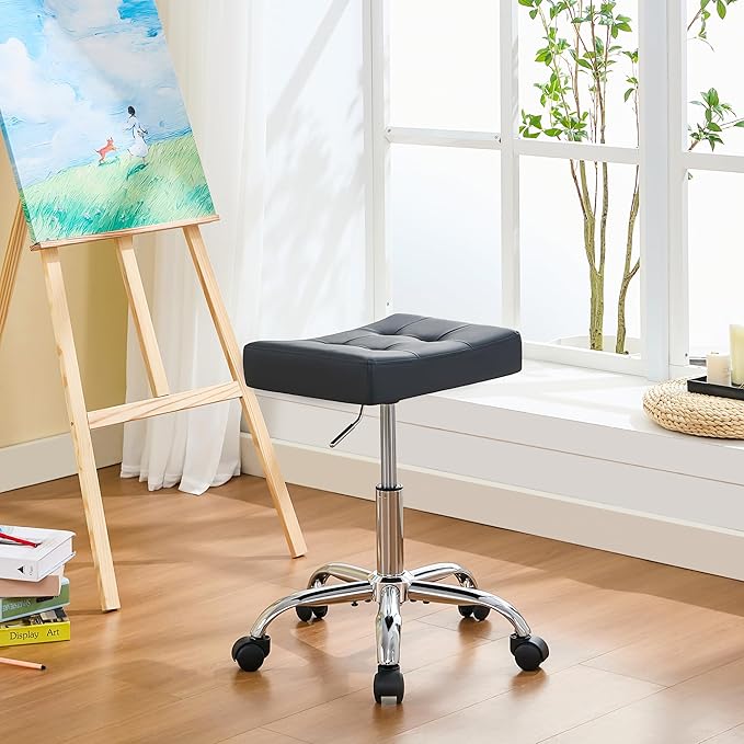 Ergonomic Rolling Shop Stool (Adjustable Height 17-21 inch) Salon Stool for Hair Stylist (Black)