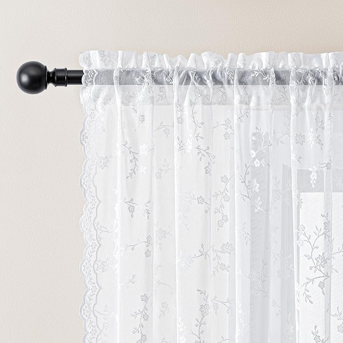 Sheer Lace Curtains 96 Inches Long, Vintage Floral Light Filtering White Lace Curtains for Living Room & Bedroom, Rod Pocket, 2 Panels Set, Branch Pattern (White, 52" W x 96" L)