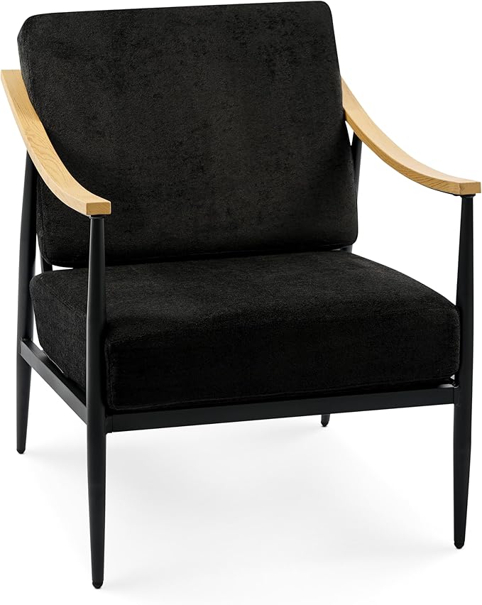Modern Accent Chair for Living Room Bedroom Mid Century Arm Chair Upholstered Office Accent Chair Comfy Waiting Room Chair with Metal Frame, Black