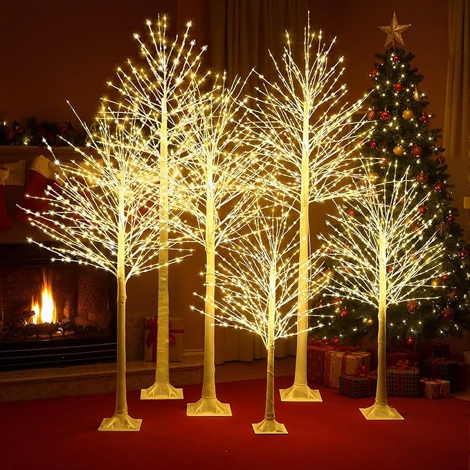 Baquler 6 Pack Lighted Birch Tree - Artificial LED Warm-White Light Birch Tree Decoration for Christmas Holiday Party Wedding Festival Decor, Indoor & Outdoor (4 5 6 7 8 ft)