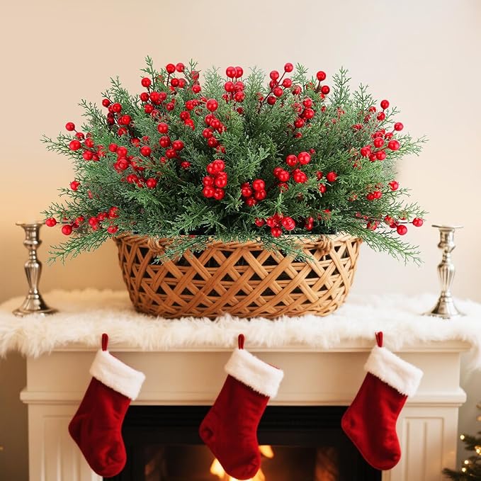 4 Bundles Artificial Christmas Flowers with Red Berry Stems, Fake Norfolk Pine Garland Branches for Winter Decor, Faux Christmas Garland Tree Picks and DIY Crafts