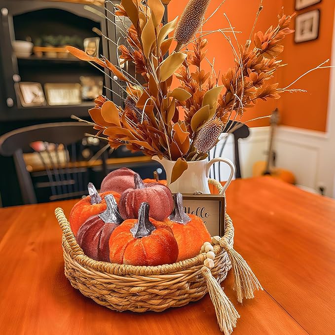 12pcs Velvet Fake Pumpkins Fall Decor Faux Small Foam Fabric Pumpkin for Autumn Table Centerpiece Party Farmhouse Harvest Thanksgiving (Orange/Desert Tan)
