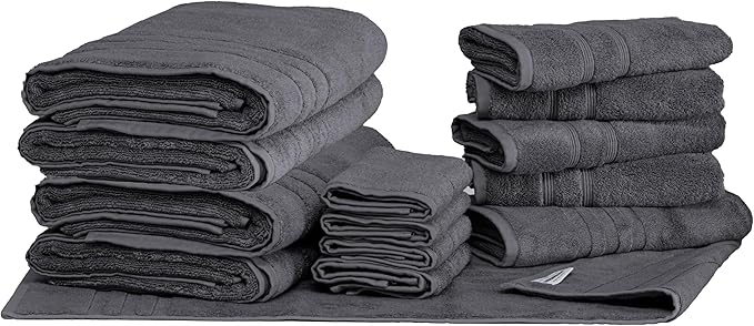 Mosobam Luxury Turkish 14pc Deluxe Bath Bundle Body Hand Face Towel and Mat Charcoal Gray (Dark Grey) 700 GSM & 1000 GSM Bamboo Viscose & Aegean Turkish Combed Cotton