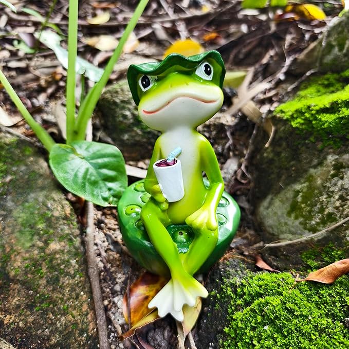 Frog Figurine Garden Decor for Outside, Frogs Statue Plant Decorations for Pots, Fairy Garden Figurines for Lawn Ornaments, Yard Decorations Outdoor, Frog Gifts for Women (1, Drink Frog)