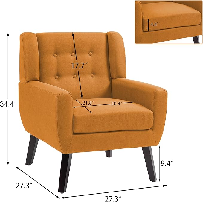 UIXE Accent Chair, Modern Upholstered Armchair in Fabric for Living Room, Comfy Club Arm Chairs Single Sofa Button Tufted Bedroom Reading Seat - Orange, Set of 1