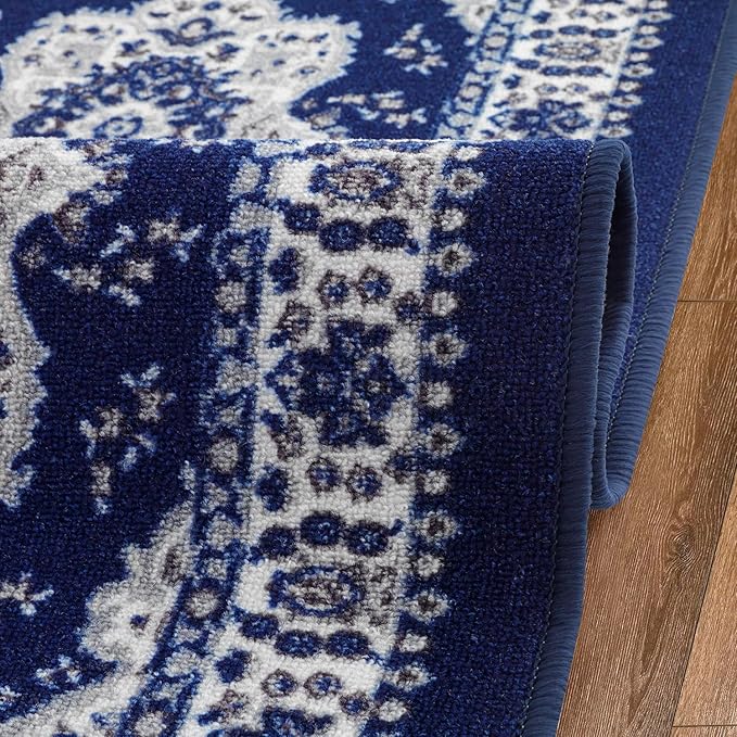 Antep Rugs Alfombras Oriental Traditional 2x10 Non-Skid (Non-Slip) Low Profile Pile Rubber Backing Indoor Runner Rugs (Navy Blue, 2' x 10')