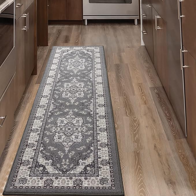 Antep Rugs Alfombras Oriental Traditional 2x10 Non-Skid (Non-Slip) Low Profile Pile Rubber Backing Indoor Runner Rugs (Gray, 2' x 10')