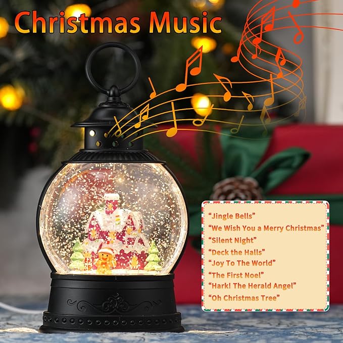 Christmas Snow Globes Lantern, Colorful Gingerbread House Christmas Decor Indoor, Glitter Musical Snowglobe with Timer, USB or Battery Operated Gingerbread Man Decorations Gifts