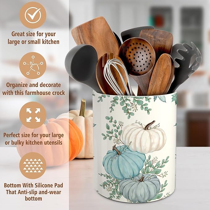 pinata Fall Kitchen Decor Ceramic Utensil Holder, Farmhouse Fall Eucalyptus Blue Pumpkin Utensils Holder, Ceramic Utensils Crock for Rustic Indoor Kitchen Decorations(6.3 Inches)