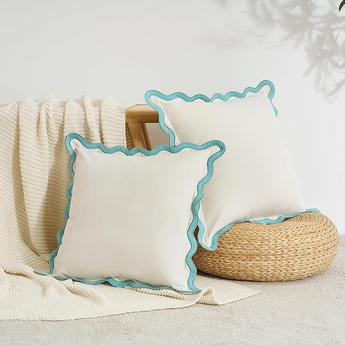 MONDAY MOOSE Decorative Throw Pillow Covers Cushion Cases, Set of 2 Soft Velvet Scalloped Wavy Edge Designs, Mix and Match for Home Decor, Pillow Inserts Not Included (White/Light Blue, 18x18 inch)