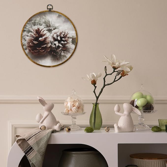 QZQE Vintage Winter Snowy Pinecone Round Wall Art Decor Framed, Rustic Christmas Cottagecore Farmhouse Circle Canvas Prints, Cozy Xmas Holiday Wall Hanging Decor for Home Bedroom Living Room, 10x10 Inch