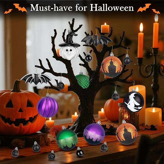 68pcs Halloween Ornaments for Small Tree,Shatterproof Halloween Christmas Tree Decorations Hanging Ball Ornaments Set with Bat and Witch Decor for Party Indoor Home Decor