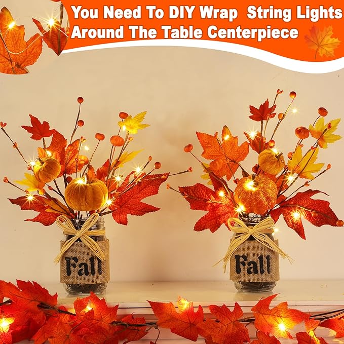2 Pack & Timer Fall Decor 13.5 Inch Fall Centerpieces for Tables with 20 Lights, Thanksgiving Decorations Mason Jar with Maples Leaves Pumpkins Berried Fall Decorations for Table Coffee Table Kitchen