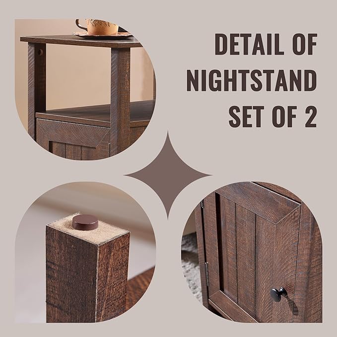 Farmhouse Nightstands Set of 2, Narrow Bedside Table with Charging Station, Night Stand Set 2 with Storage & Open Shelf, End Tables w/Groove Barn Door for Bedroom, Living Room-Brown