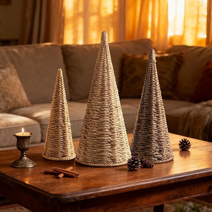 3pcs Natural Woven Christmas Trees Decor, Artificial Christmas Tree Decorations for Home Party Table Village Craft Indoor Outdoor Vintage Christmas Decor(Khaki+Dark Khaki+Natural)