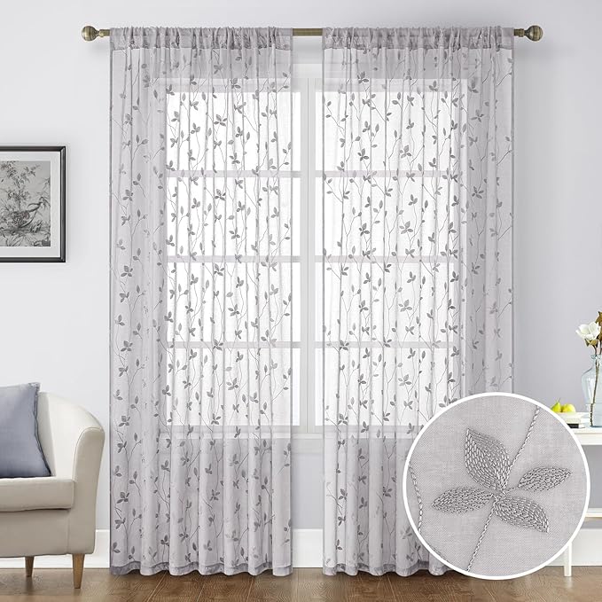 HOMEIDEAS Light Grey Sheer Curtains 52 X 84 Inches Length 2 Panels Embroidered Vine Floral Pattern Pocket Faux Linen Semi Sheer Voile Window Drapes for Bedroom Living Room