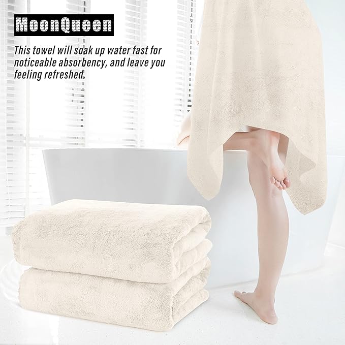 MOONQUEEN 2 Pack Premium Bath Towel Set - Quick Drying - Microfiber Coral Velvet Highly Absorbent Towels - Multipurpose Use as Bath Fitness, Bathroom, Shower, Sports, Yoga Towel (Cream)