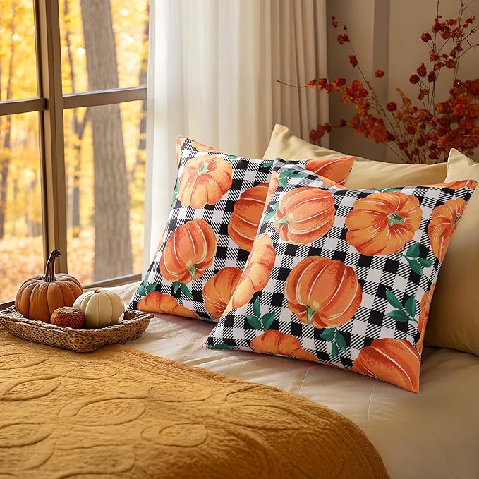 decorUhome Fall Orange Pumpkin Linen Decorative Throw Pillow Covers 12x20 Set of 2, Lumbar Buffalo Plaid Check Farmhouse Gingham Cushion Covers with Stitched Edge for Autumn Harvest Couch Sofa Bed