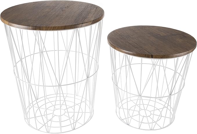 End Tables Set of 2 - Nesting Tables with Removable Wood Tops and Metal Wire Baskets for Blanket Storage - Round Side Furniture for Living Room, Bedroom, or Home Office by Lavish Home (Brown/White)