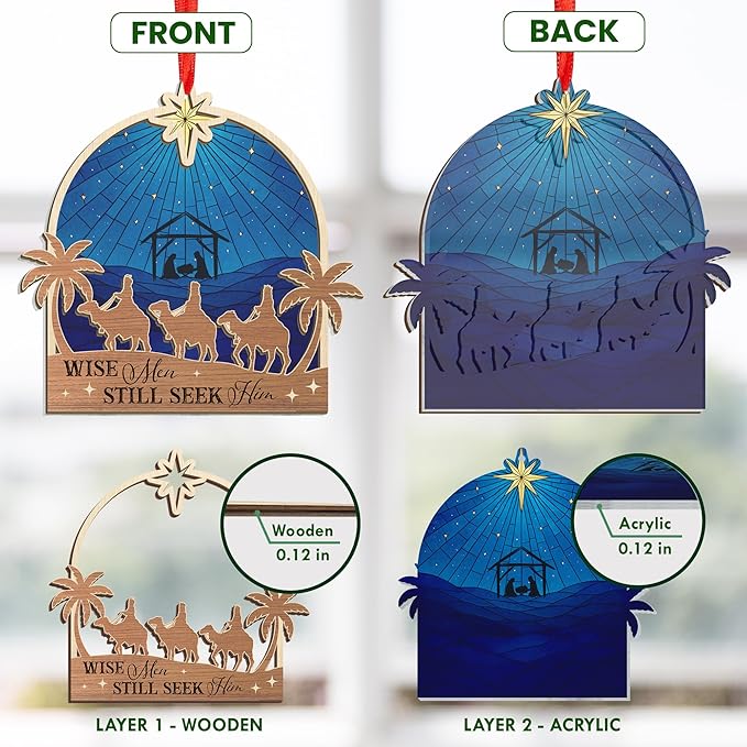FLAGWIX Christian Gifts for Women Men - Suncatcher Christmas Ornaments 2025 - Spiritual Religious Gifts for Women Mom, Nativity Ornaments Christmas Decorations, Three Wise Men Christian Ornament