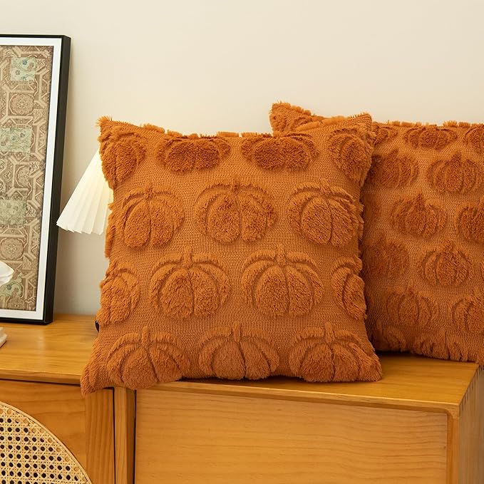 Pumpkin Fall Decorative Throw Pillow Covers 18"x18", Set of 2 Orange Soft Faux Fur Pillow Covers for Autumn Harvest, Fluffy Plush Accent Pillow Cases for Farmhouse Couch Cushion Covers